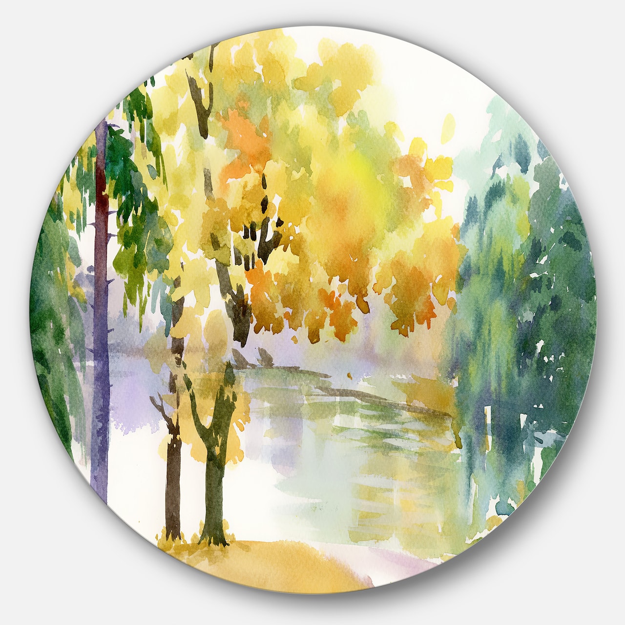Designart - Beautiful Autumn Forest Watercolor' Landscape Metal Circle Wall Art